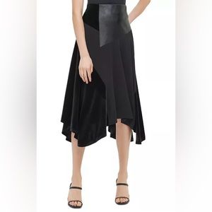 Calvin Klein asymmetrical skirt with faux leather and lush velvet panels